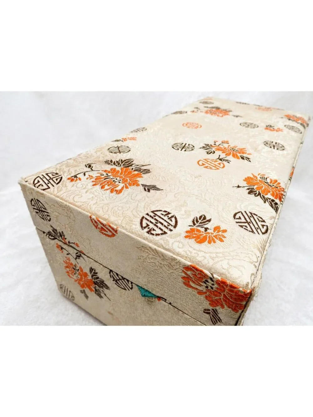 Vintage Musical Jewelry Box Floral Fabric Plays Sacred Lotus Seed Hinged Mirror